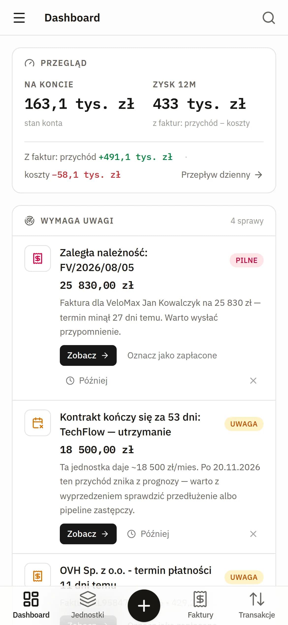 Dashboard AUTOPILOTA na telefonie: stan konta, sprawy wymagające uwagi i nadchodzące płatności.