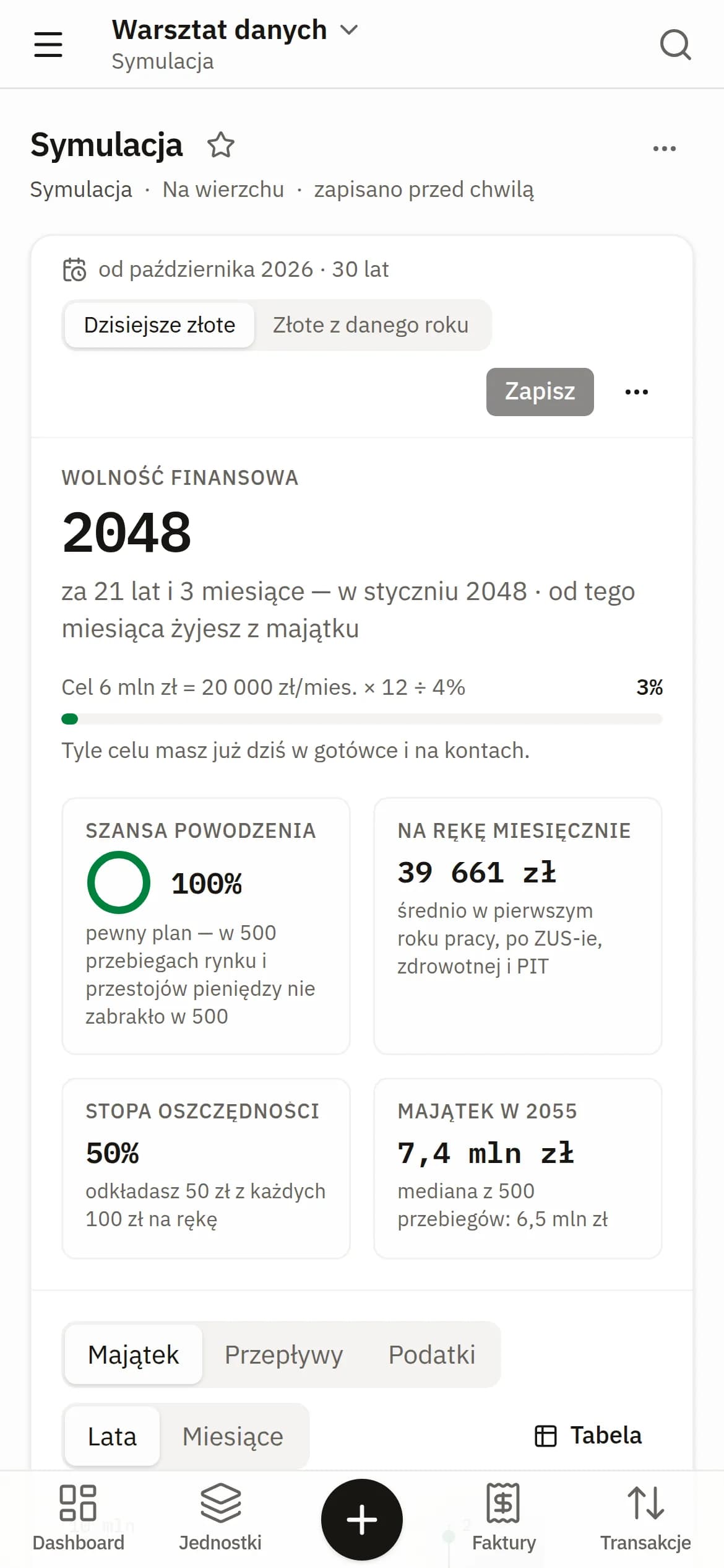 Symulacja na telefonie: wolność finansowa w 2048, za 21 lat i 3 miesiące, szansa powodzenia 100%, 39 661 zł na rękę miesięcznie, stopa oszczędności 50% i majątek 7,4 mln zł w 2055.