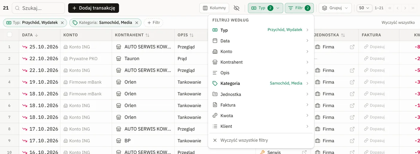 Menu Filtr: lista kolumn, przy Typie i Kategorii widać wybrane wartości, na dole „Wyczyść wszystkie filtry”
